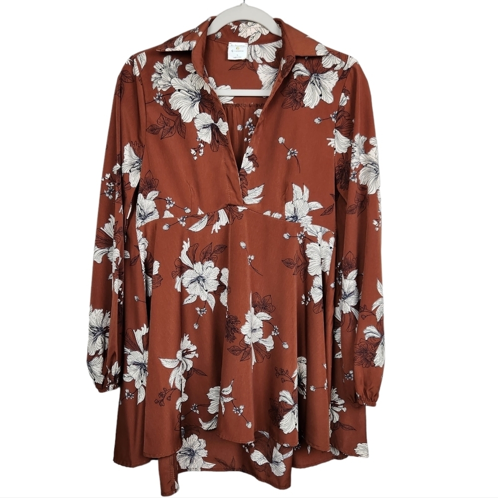 By Together High Low Rust Floral Tunic Blouse Women's Size Small